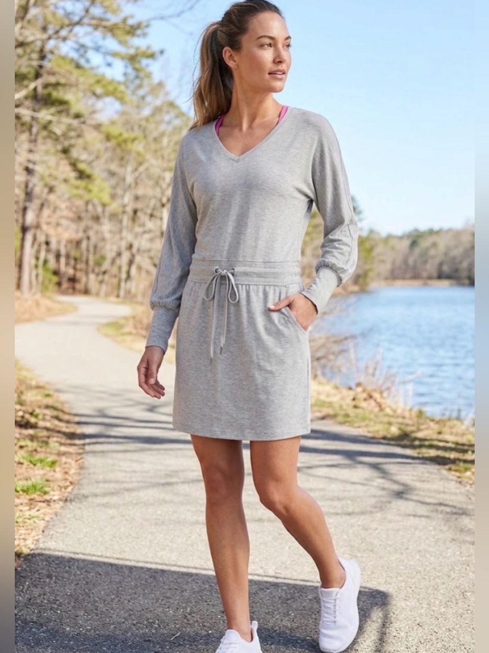 Athleta V-Neck Sporty Soft Grey Mini Dress, XS, EUC